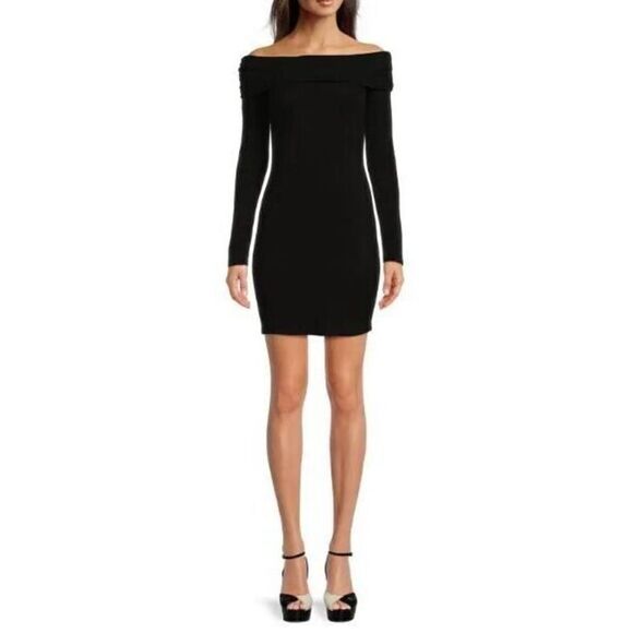 Monrow Women's Sz Small Black Off Shoulder Long Sleeve Mini Dress - Picture 1 of 8